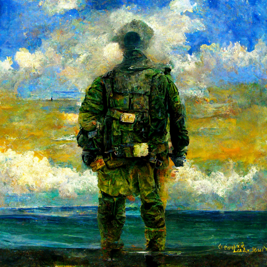 Soldier standing in front of the Sea, an AI-Generated painting by Fady Magdy